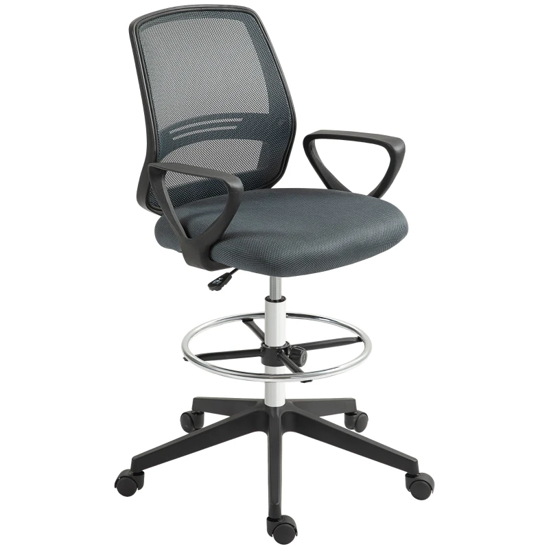 Vinsetto Ergonomische Bureaustoel met Armleuningen en Verstelbare Voetensteun, Mesh Bekleding Grijs