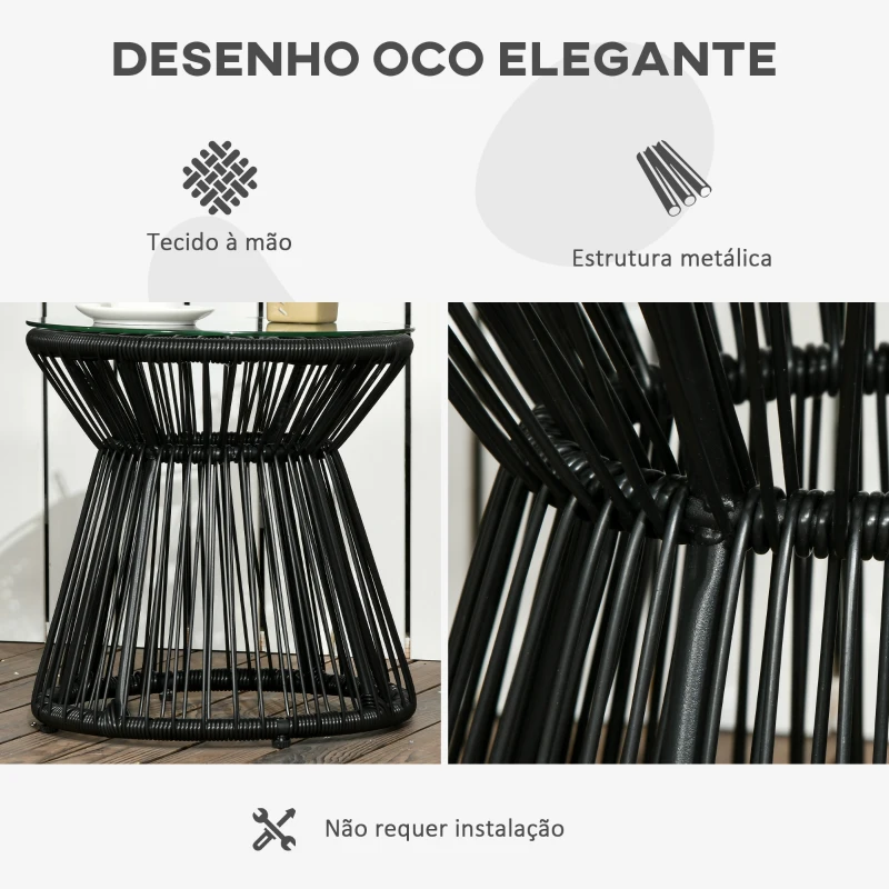 Outsunny Mesa Auxiliar de Vime Sintético Mesa de Centro Redonda com Bancada de Vidro Temperado Ø40x42 cm Preto
