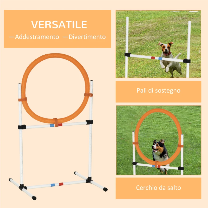 PawHut Set Agility Dog Portatile con Anello e Sbarra, Multiuso e Salvaspazio, con Borsa da Trasporto Inclusa, 74.5x66x91cm, Bianco e Arancione