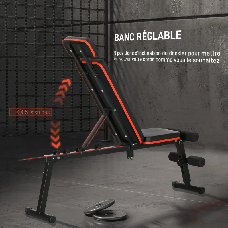 SPORTNOW Banc de musculation dossier réglable 5 niveaux banc d'haltère multifonctionnel acier revêtement synthétique noir