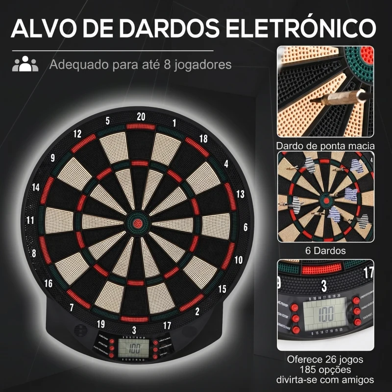 HOMCOM Alvo Eletrónico com 6 Dardos e 30 Pontas, Ecrã LCD, 26 Jogos e 185 Variações, para 8 Jogadores