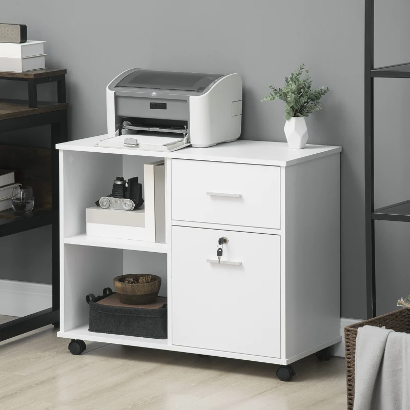 Vinsetto Armário para Impressora Móvel Auxiliar de Escritório com Rodas 2 Prateleiras 2 Gavetas Carga 30kg  80x40x66,5cm Branco