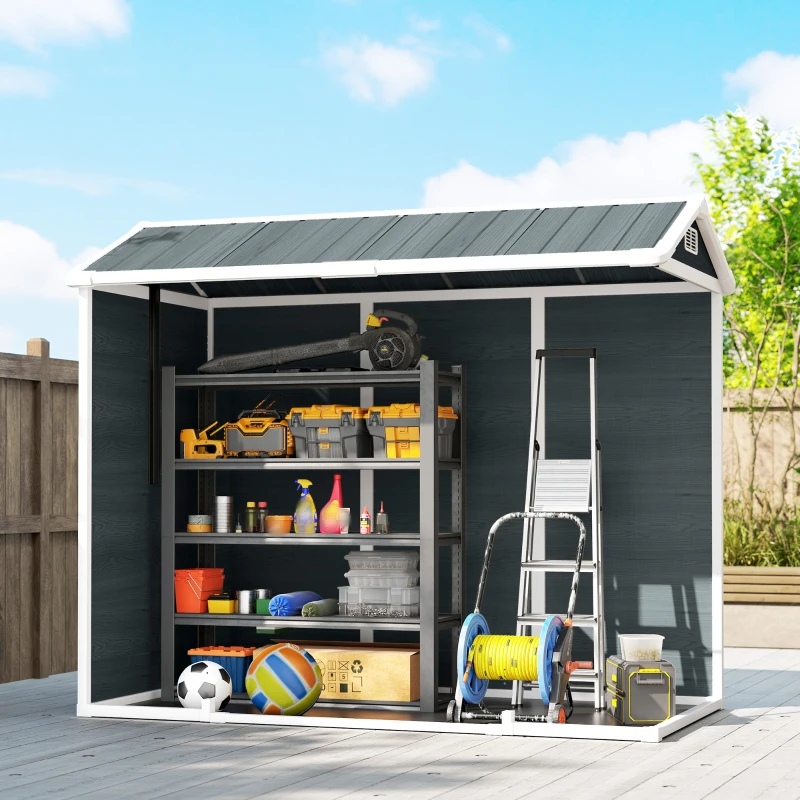 Outsunny Tuinschuur 2,77 m², Opbergschuur met Houtlook 2 Ramen Dubbele Deur Ventilatie Vloer Slot Handschoenen