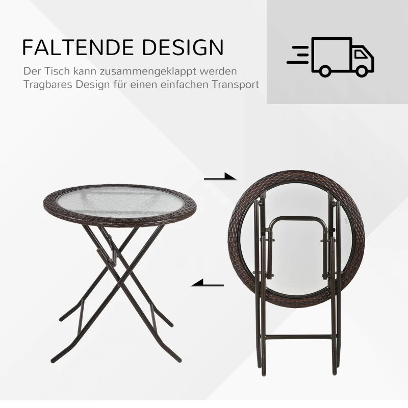 Outsunny Gartentisch, klappbar, Hartglastischplatte, Stahlrahmen, Rattan-Dekor, braun, 68 x 68 x 73 cm