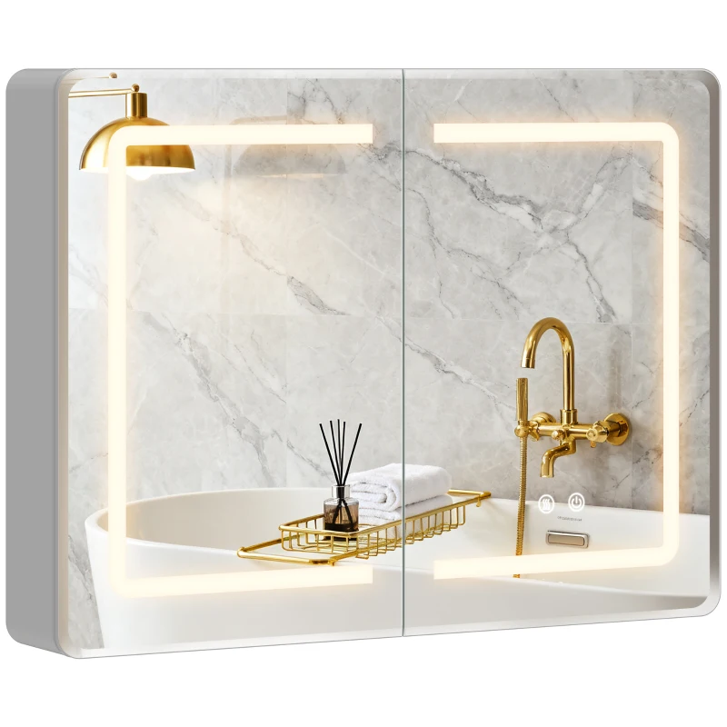 HOMCOM Mirrored Bathroom Cabinet with LED Lights, 60 x 80 cm Bathroom Mirror Cabinet with Anti-Fog, 3 Colour Dimmable Lighting