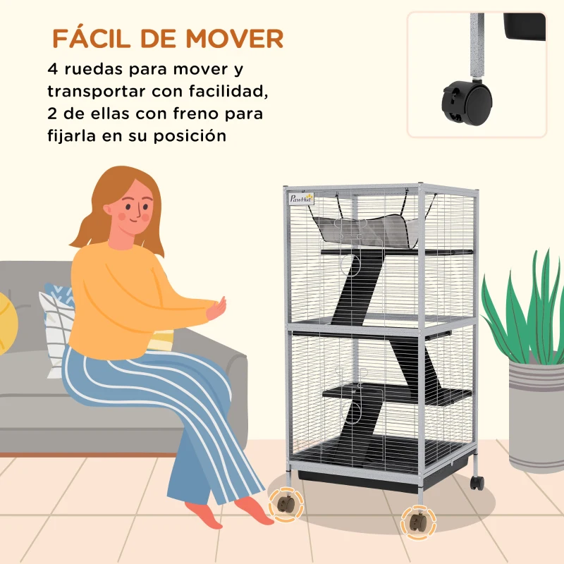 PawHut Jaula para Animales Pequeños con Ruedas 2 Puertas 3 Rampas Hamaca Colgante y Bandeja Extraíble 52x52x113,5cm Gris