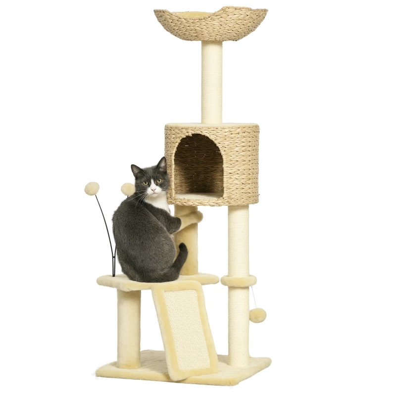 PawHut Krabpaal met Kattenhol, Ligplatform, Speelbal, 45x40x116cm, Bruin/Beige