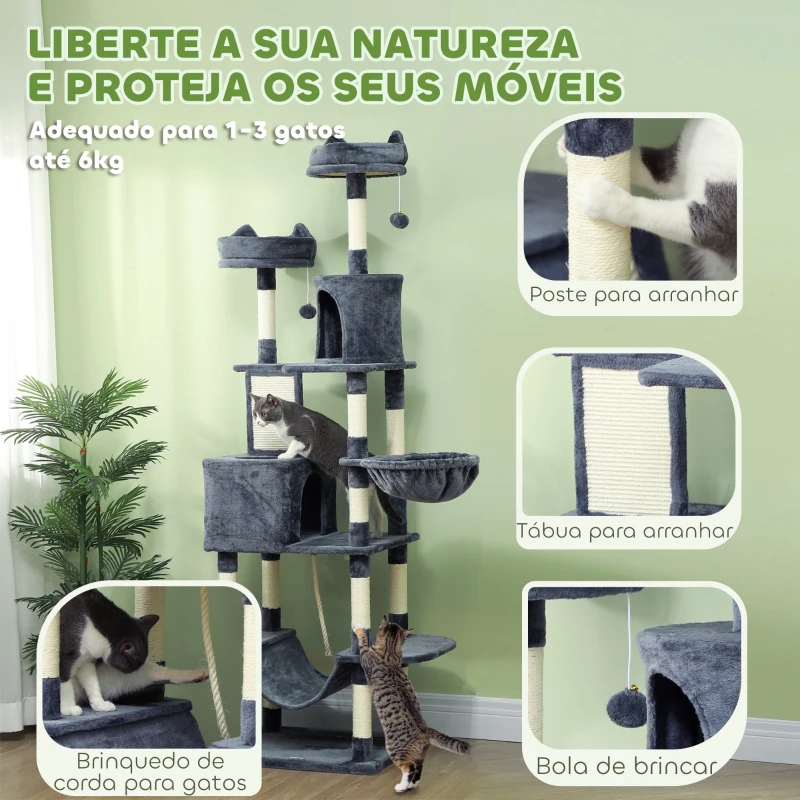 PawHut Arranhador para Gatos Grande 60x50x206 cm Torre para Gatos com Plataformas Caverna Bolas Suspensa e Rede Cinza Escuro