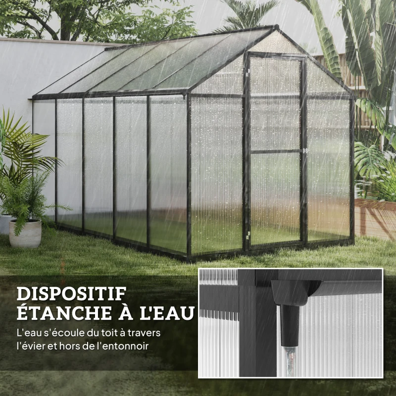 Outsunny Serre de jardin en aluminium polycarbonate, serre avec fenêtres supérieures réglables 303x183x195cm transparent