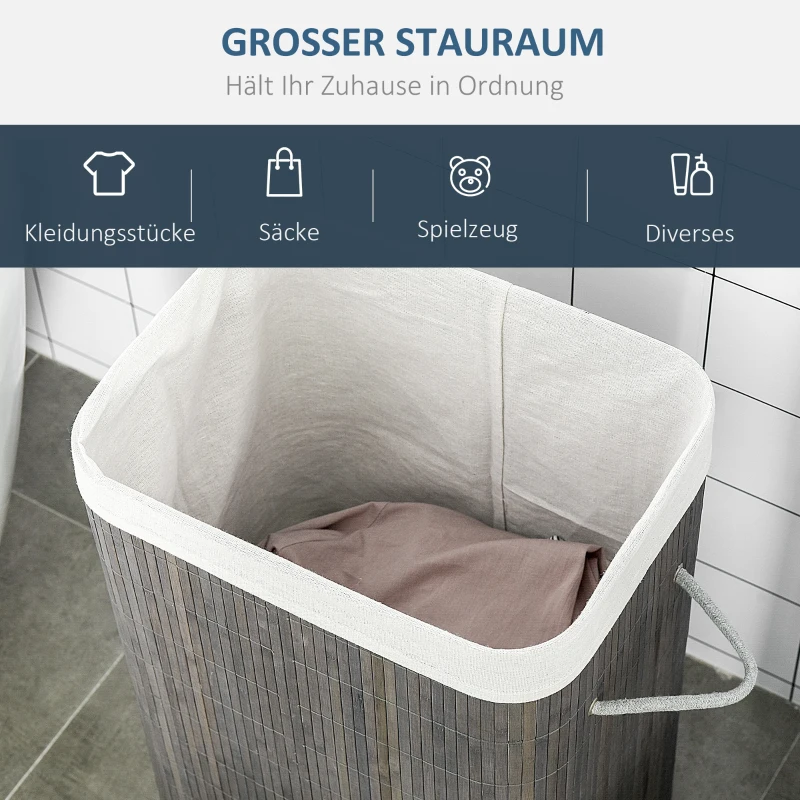 HOMCOM Wasmand met Handvatten en Wasbare Waszak, Rattan, Polyester, Katoen, Metaal, 43L x 32B x 61H cm, Grijs