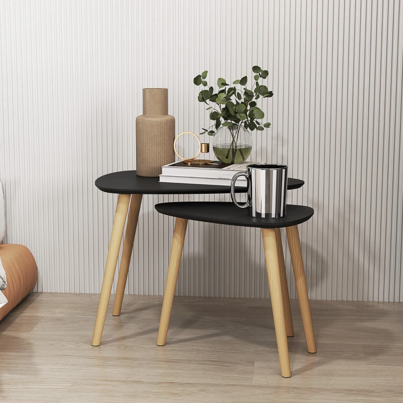 HOMCOM Conjunto de 2 Mesas Auxiliares com Pés de Madeira Mesas de Café 59,5x39,5x45 cm e 44,5x28,5x40 cm  Preto