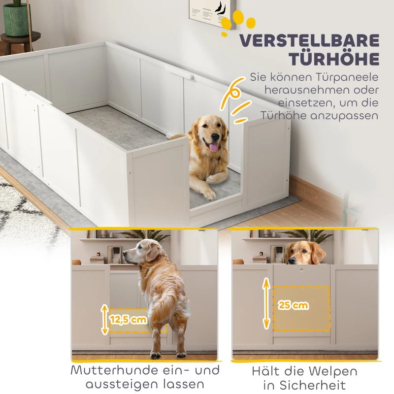 PawHut werpkist voor pups, puppyren met verstelbare deur, antislip hondenren voor kleine en grote honden, 196x96x48 cm, wit(m-4)