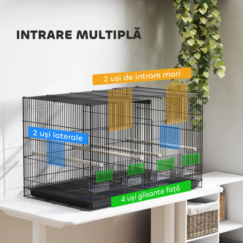 PawHut Colivie pentru Păsări cu Separator și Raft Inferior pentru Depozitare, din Oțel și PP, 94x57x57 cm, Negru