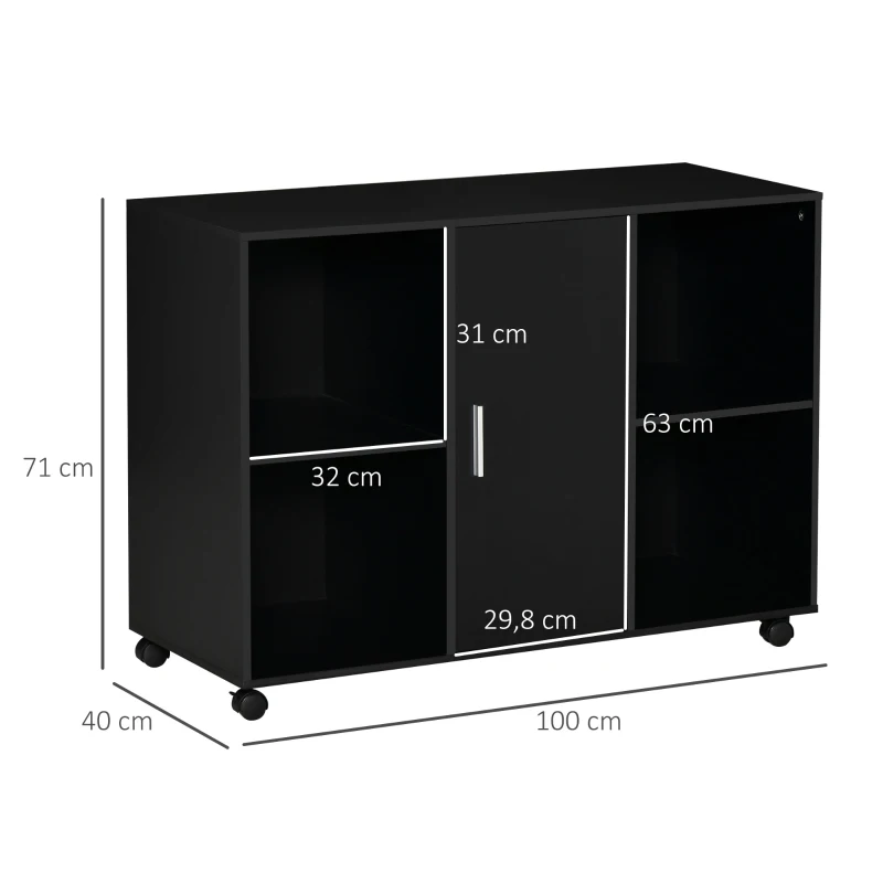 Vinsetto Druckertisch mit Rollen Druckerständer Aktenschrank Bürowagen Rollwagen mit 4 Fächern 1 Tür Schwarz 100 x 40 x 71 cm