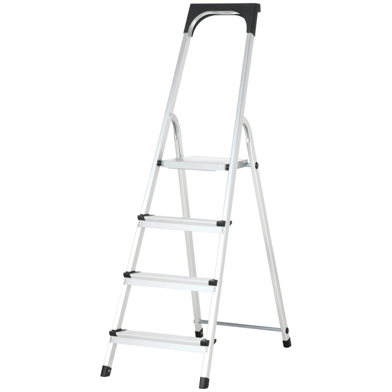DURHAND Escada Dobrável de Alumínio com Bandeja Magnética Escada de 4 Degraus com Base Antiderrapante 44x89x143cm Prata