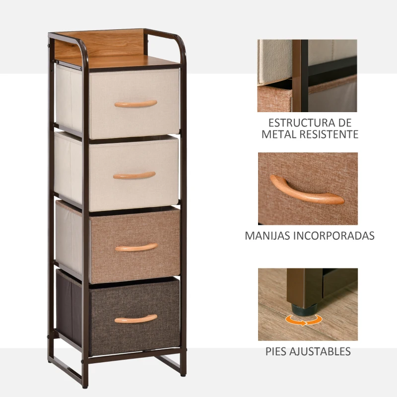 HOMCOM Cassettiera 4 Cassetti Pieghevoli in Tessuto e Struttura in Legno e Metallo, 31x29x99 cm, Multicolore