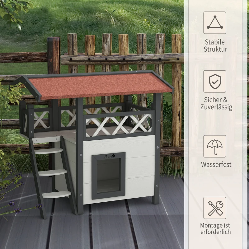 PawHut Kattenhuis Kattenhut Huisdierhut, met dak van asfalt, 2 verdiepingen, 1 ladder, Wit+Rood