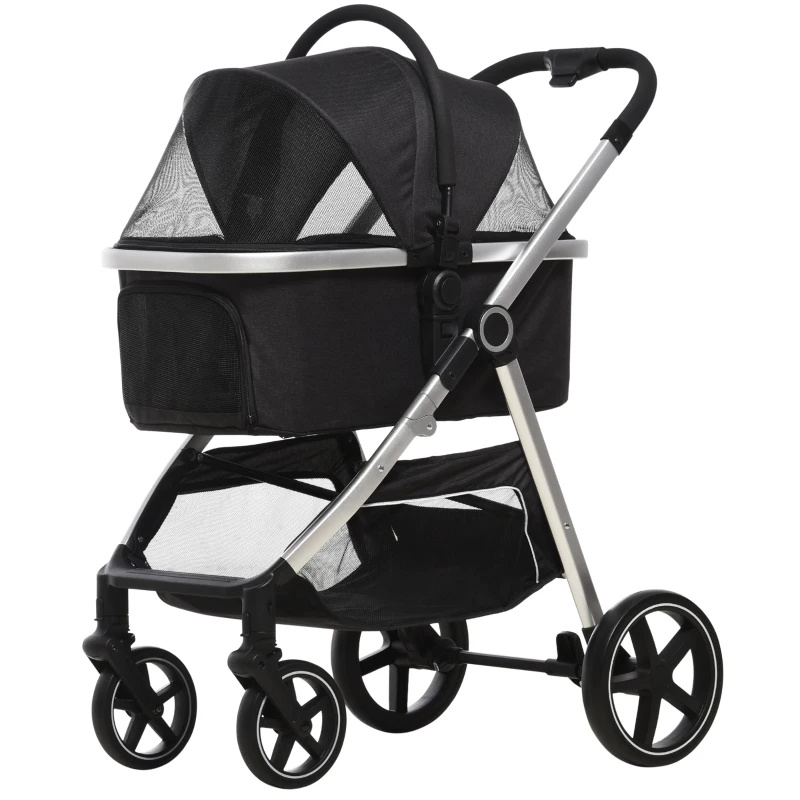 PawHut 2-IN-1 Hondenbuggy Huisdierbuggy, inclusief kussen, opvouwbaar, 1 opbergmand, 83 cm x 58 cm x 102 cm, Zwart