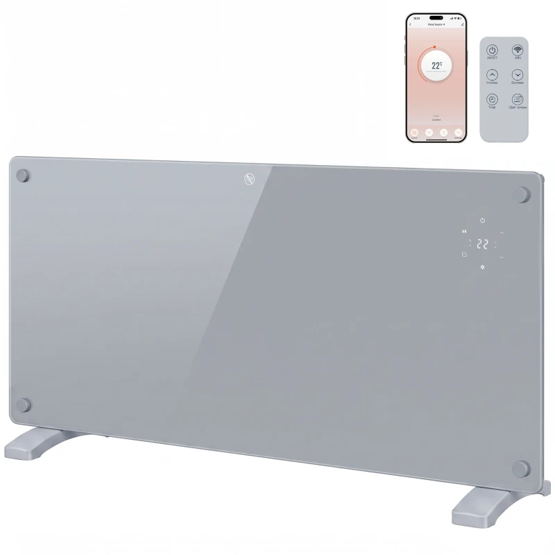 HOMCOM 2000W Smart Panel Heater Wall Mounted & Freestanding, Electric Heater with Weekly Timer, Open Window & Anti-Frost, Grey
