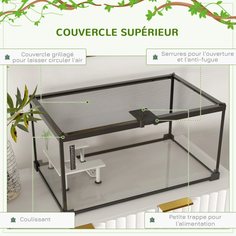 PawHut Aquarium pour Tortues avec Plateforme de Repos, Couvercle Coulissant en Filet, Thermomètre, 50x30x25cm, Blanc