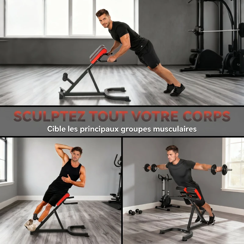 SPORTNOW Banc de Musculation Réglable 5 Niveaux, Chaise Romaine avec Rouleaux en Mousse Dense, 112 x 62 x 88 cm, Noir et Rouge