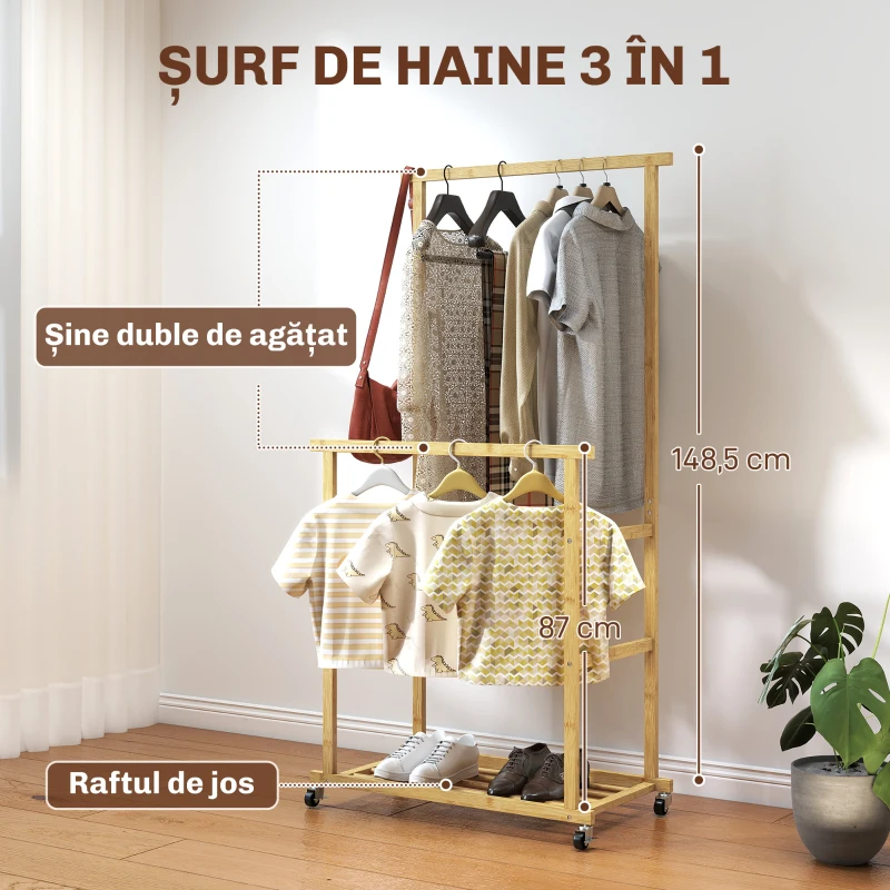 HOMCOM Charriot com Rodas de Bambu com Sapateira 2 Barras para Pendurar para Entrada Corredor Quarto 80x40x160 cm Madeira