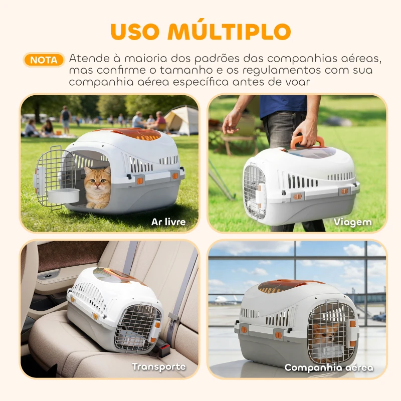 PawHut Transportadora para Gatos e Cães Pequenos de Plástico Suporta até 4 kg com Claraboia Taça Porta de Aço Cinzento Claro