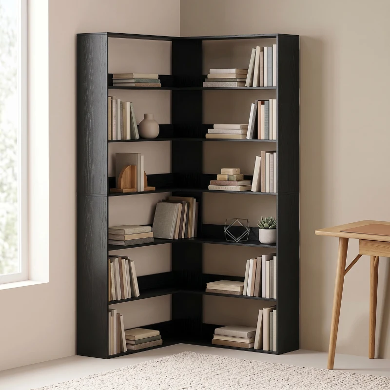 HOMCOM 7 Tiers Bookshelf, L-Shaped Corner Bookcase with Anti-Slip Rear Guard, Black Wood Effect