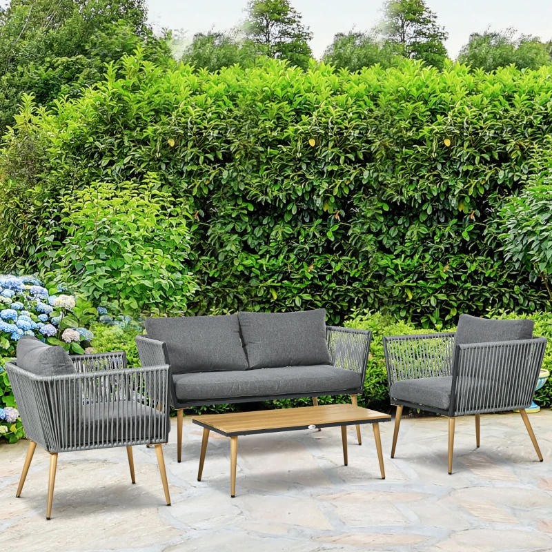 Outsunny Conjunto de Móveis de Jardim de Vime 4 Peças com Sofá de 2 Lugares 2 Poltronas e Mesa de Centro Cinza