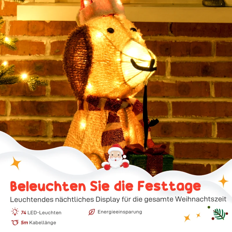 Outsunny Kerstdecoratie, verlichte kerstpuppy met 74 warmwitte LED-lampjes, 64 x 20 x 70 cm, Geel
