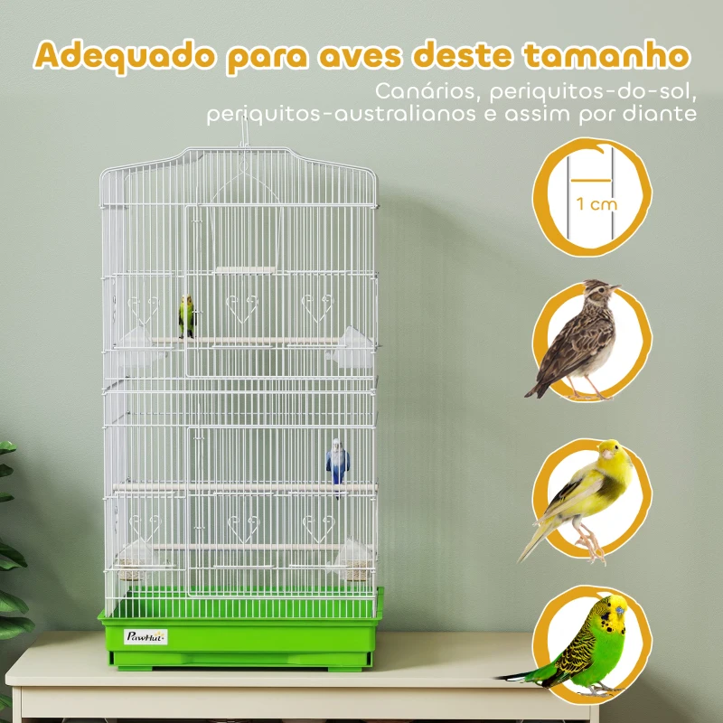 PawHut Gaiola para Pássaros Pajarera de Metal com 4 Comedouros 3 Poleiros Baloiço e Bandeja Removível Alça 46,5x35,5x92 cm Verde