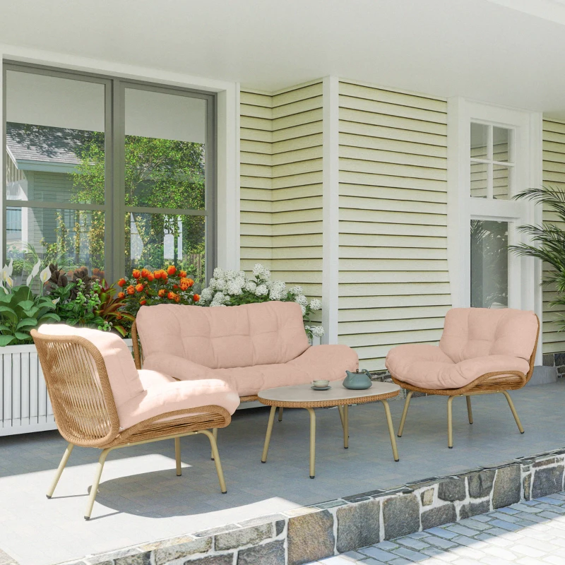 Outsunny Gartenmöbel Set 4-teilig Polyrattan Lounge-Set mit Zweisitzer 2 Sessel Tisch Tiefem Sitz Dicke Kissen