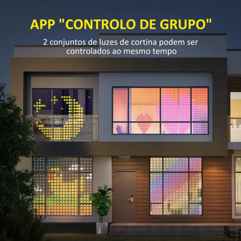 HOMCOM Cortina de Luzes 3x3 m Cortina de Luzes LED Inteligente com 400 Luzes LED RGBIC Sincronização com Música