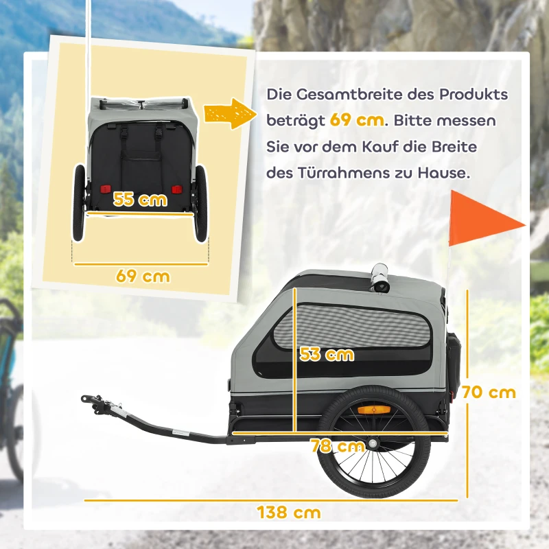 PawHut Opvouwbare Fietsaanhanger voor Middelgrote Honden tot 20kg Helling, Reflectoren, Lijn en Vlag Grijs