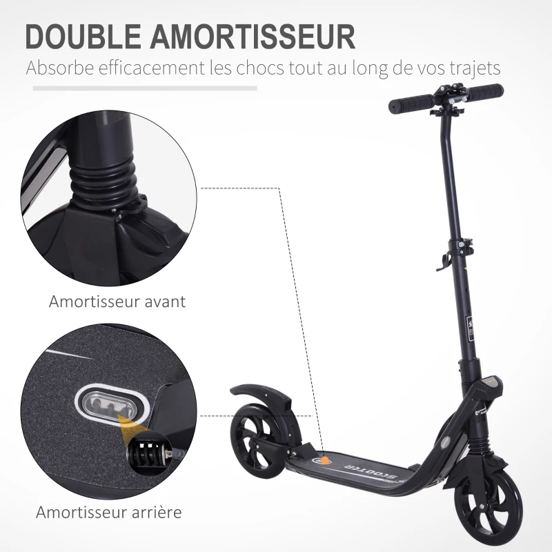 HOMCOM Trottinette pliable pour adultes adolescents à partir 14 ans hauteur guidon réglable double système d'absorption des chocs roues PU alu dim. 94 x 38 x 95-105 cm noir
