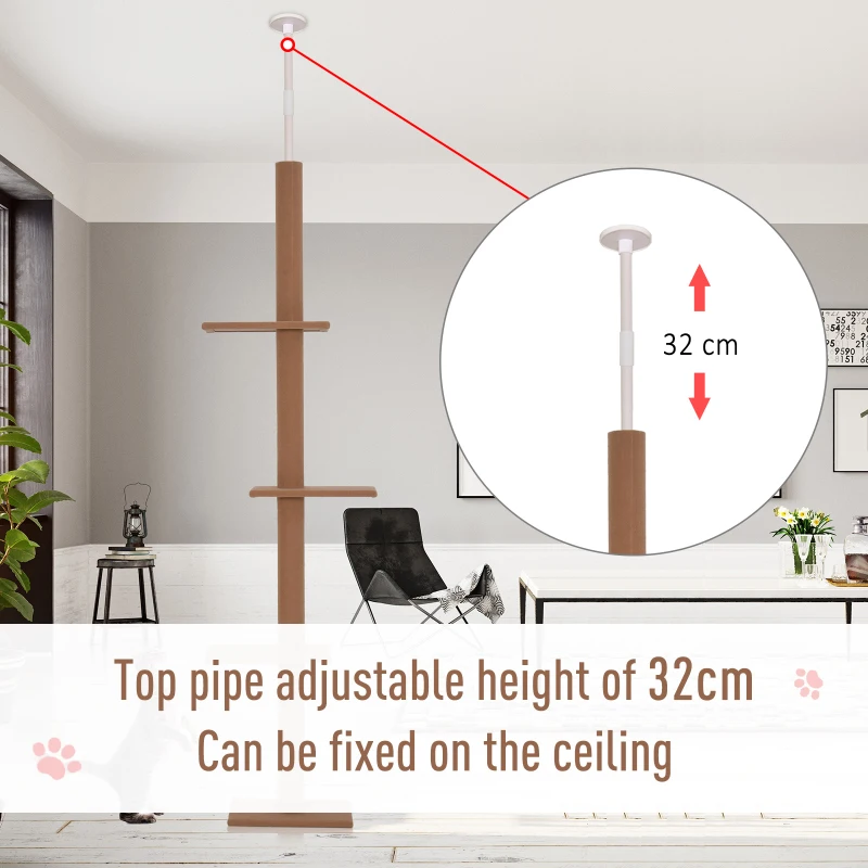 PawHut 260cm Floor To Ceiling Cat Tree for Indoor Cats w/ 3 Perches Flannel Upholstery Kitten Pet Rest Sleep Activity Tower Home Furniture Brown