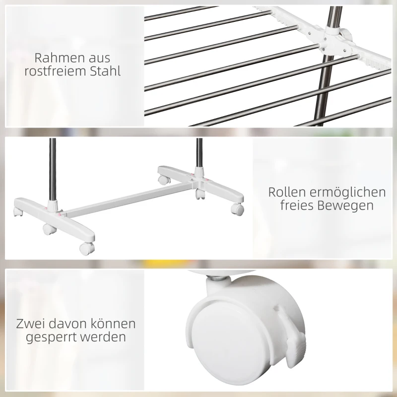 HOMCOM Turmwäscheständer ausziehbar Standtrockner mit 3 Ebenen klappbare Flügel Rollen 154 cm Weiß