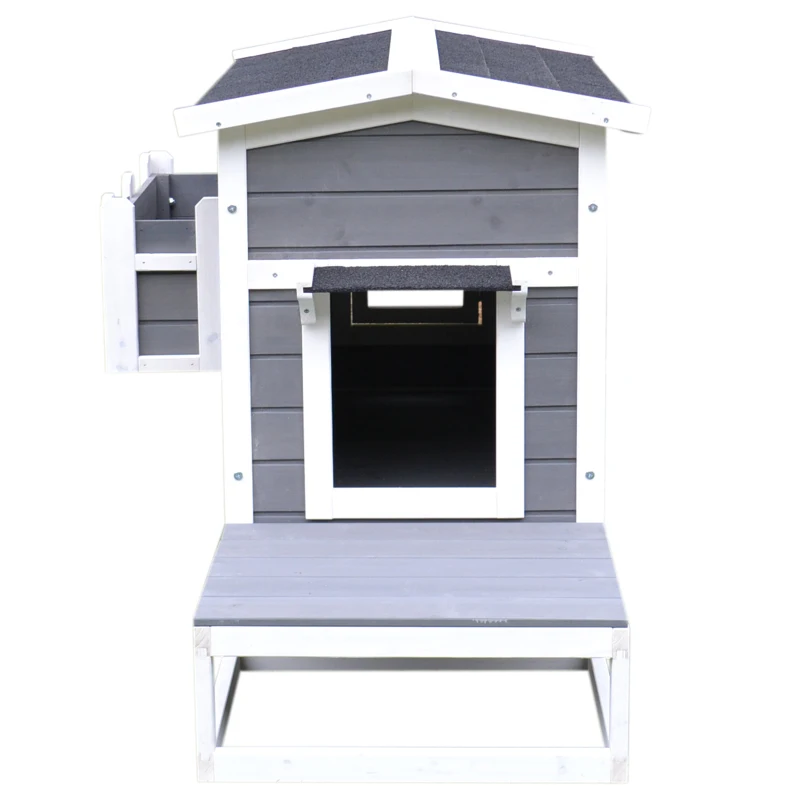 PawHut Cuccia per Gatti Rialzata con Balconcino e Tetto Impermeabile da Giardino Legno 115x66.5x74.7cm Grigio