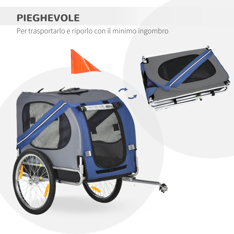 PawHut Carrello per Cani con Reti protettive, Bandierine e Catarifrangenti, 130x73x94 cm, Blu e Grigio