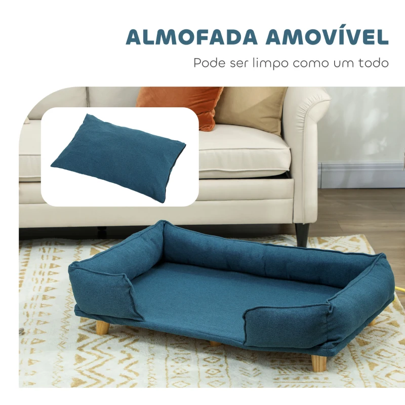PawHut Sofá para Cães Grandes Cama Elevada para Cães com Pés de Madeira e Almofada Lavável 96x66x24 cm Azul Escuro