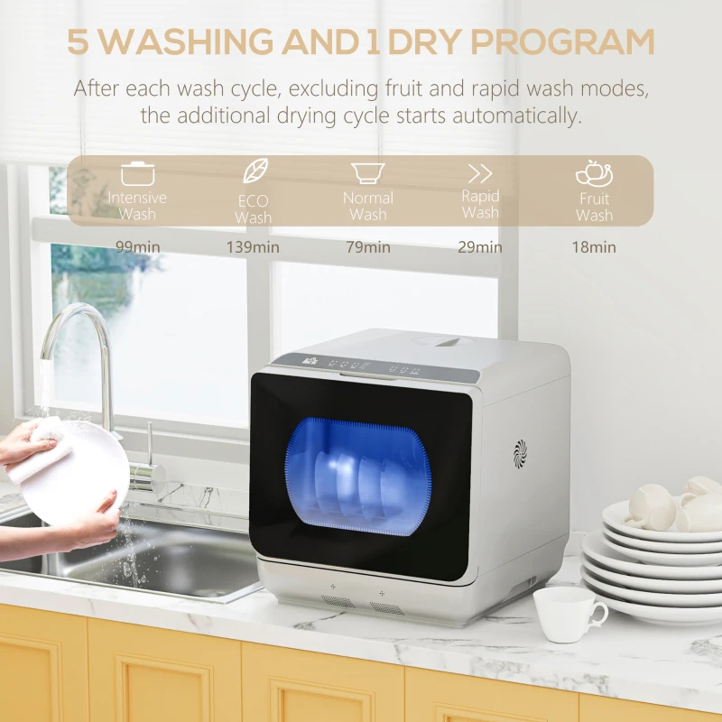 HOMCOM Table Top Dishwasher with Built-in 6L Water Tank, Mini Countertop Dishwasher with 6 Programs, 4 Place Settings, Silver Tone