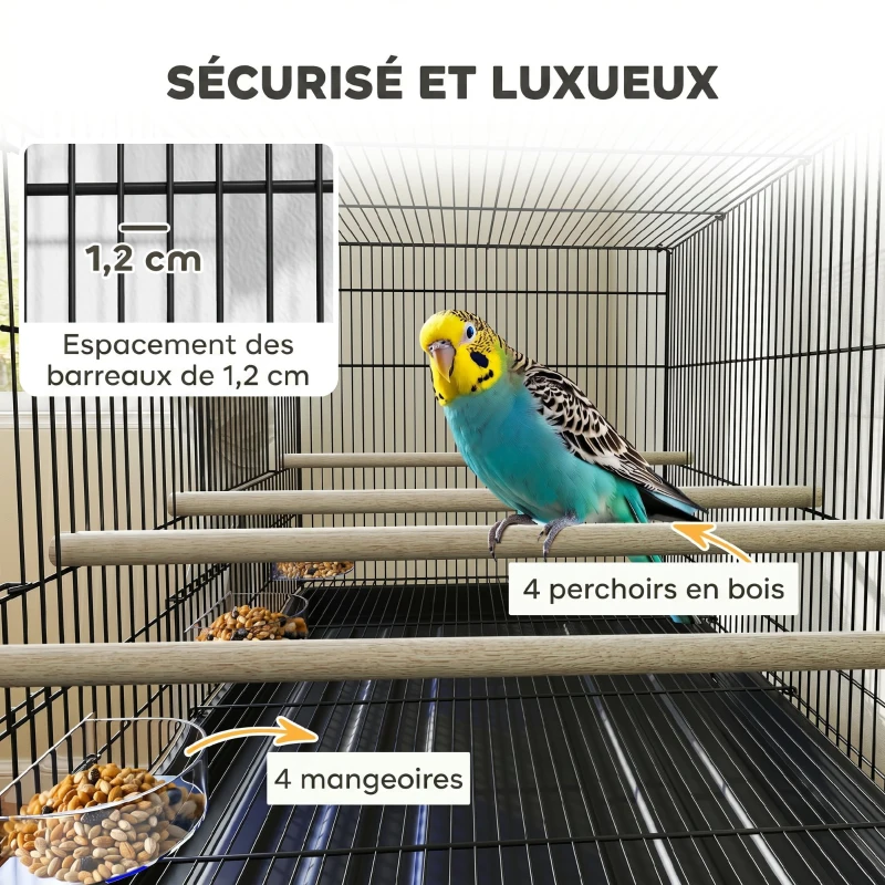 PawHut Cage à Oiseaux Volière Intérieur Acier avec Séparateur, 4 Perchoirs, Plateau Coulissant, 4 Mangeoires, 76x46x116cm, Noir