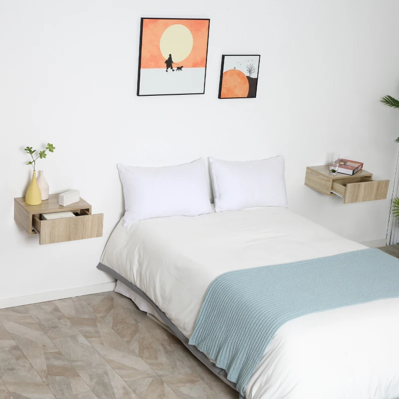 HOMCOM Set de 2 Mesitas de Noche Flotantes con 1 Cajón Diseño Montado en la Pared Estilo Moderno 40x30x15 cm Natural