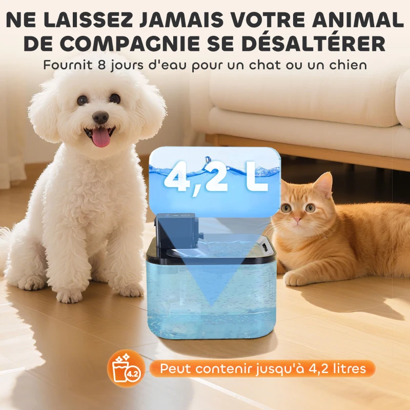 PawHut Fontaine à eau pour chat automatique en inox 4,2L, silencieuse, distributeur eau chat 3 filtre et chargeur USB, argent