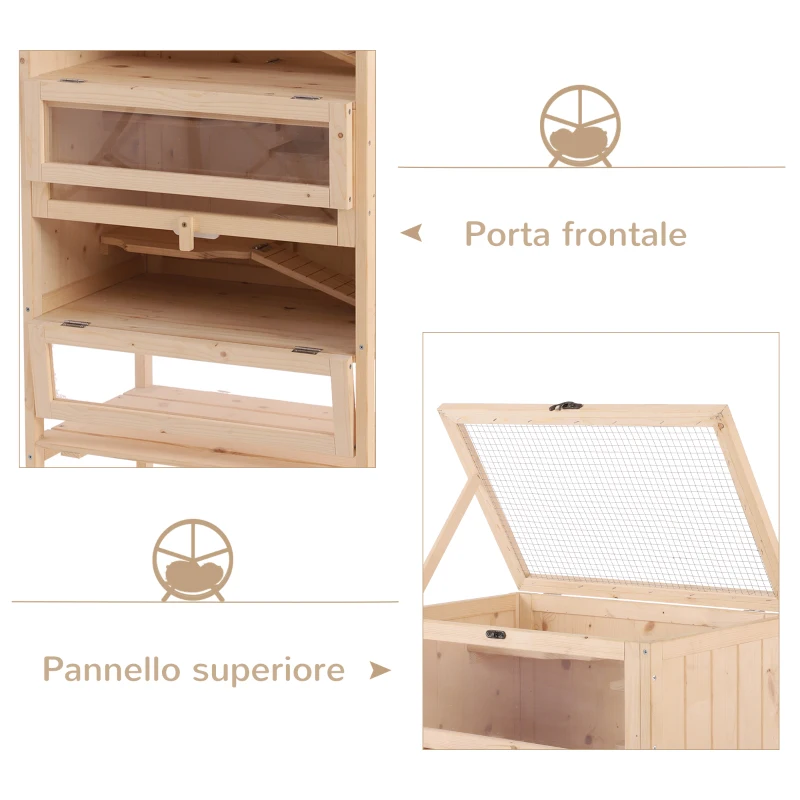 PawHut Gabbia per Criceti Roditori Porcellini d'India in Legno Massello Tetto Apribile 4 Ripiani Collegati con Rampe 60x40x120cm