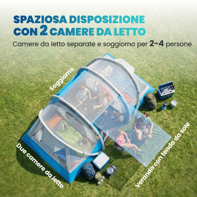 Outsunny Tenda Gonfiabile, Facile da Montare, 4 Persone, 2 Camere da Letto, Blu