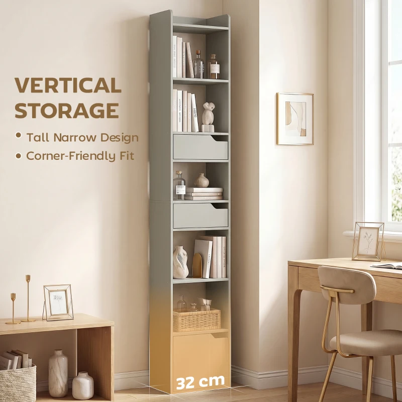 HOMCOM Bookcase Tall Narrow with 5 Tiers and Drawers Freestanding Bookshelf Storage Cabinet for Living Room Grey