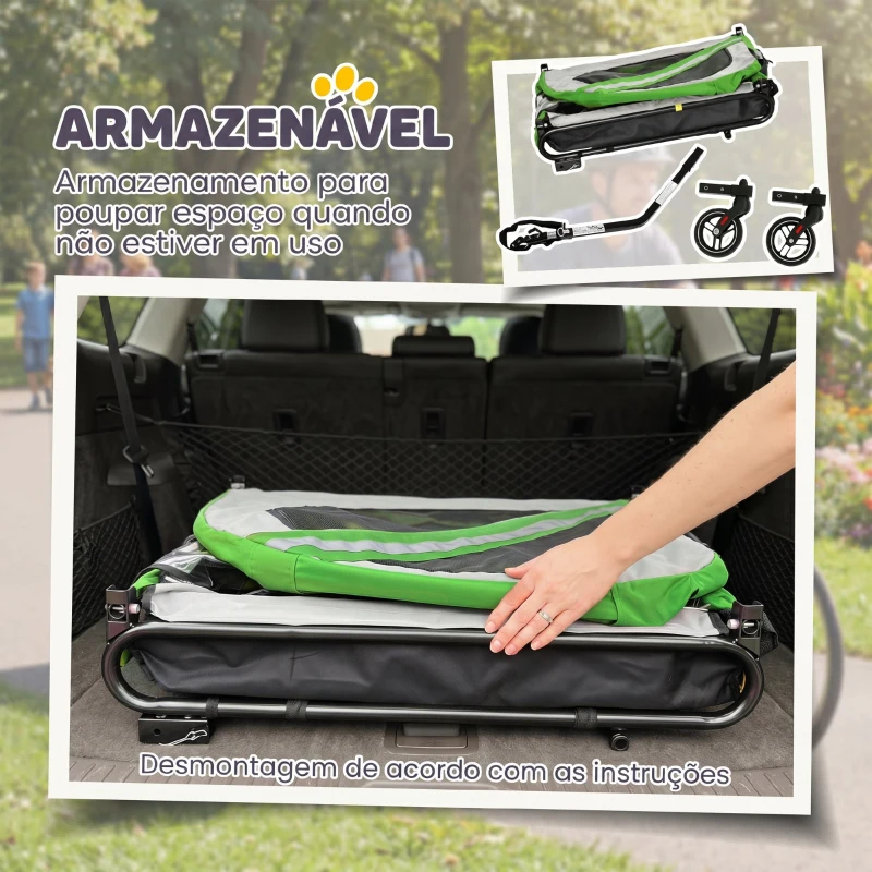 PawHut Reboque de Bicicleta para Cães 2 em 1 com Carrinho de Transporte, Refletores e Bandeira de Segurança, Verde