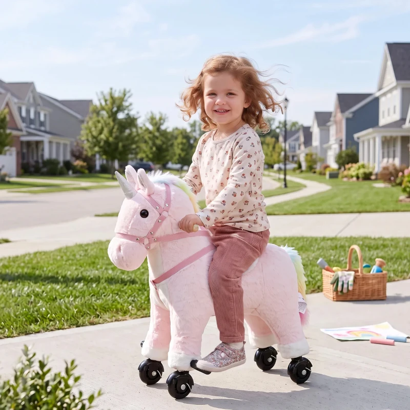 AIYAPLAY Cavalinho Unicórnio de Peluche com Rodas, Sons, Pegas e Apoios para os Pés, Rosa, 1-3 Anos