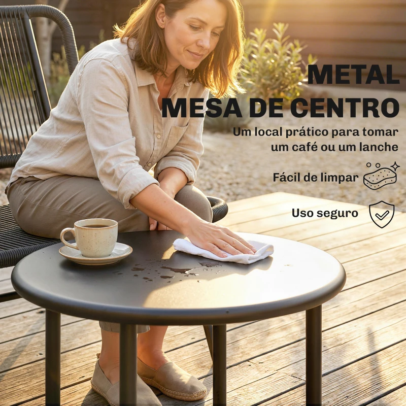 Outsunny Conjunto Jardim de Vime com 4 Peças Inclui Sofá de 2 Lugares 2 Poltronas e Mesa de Centro com Tampo Metálico Preto